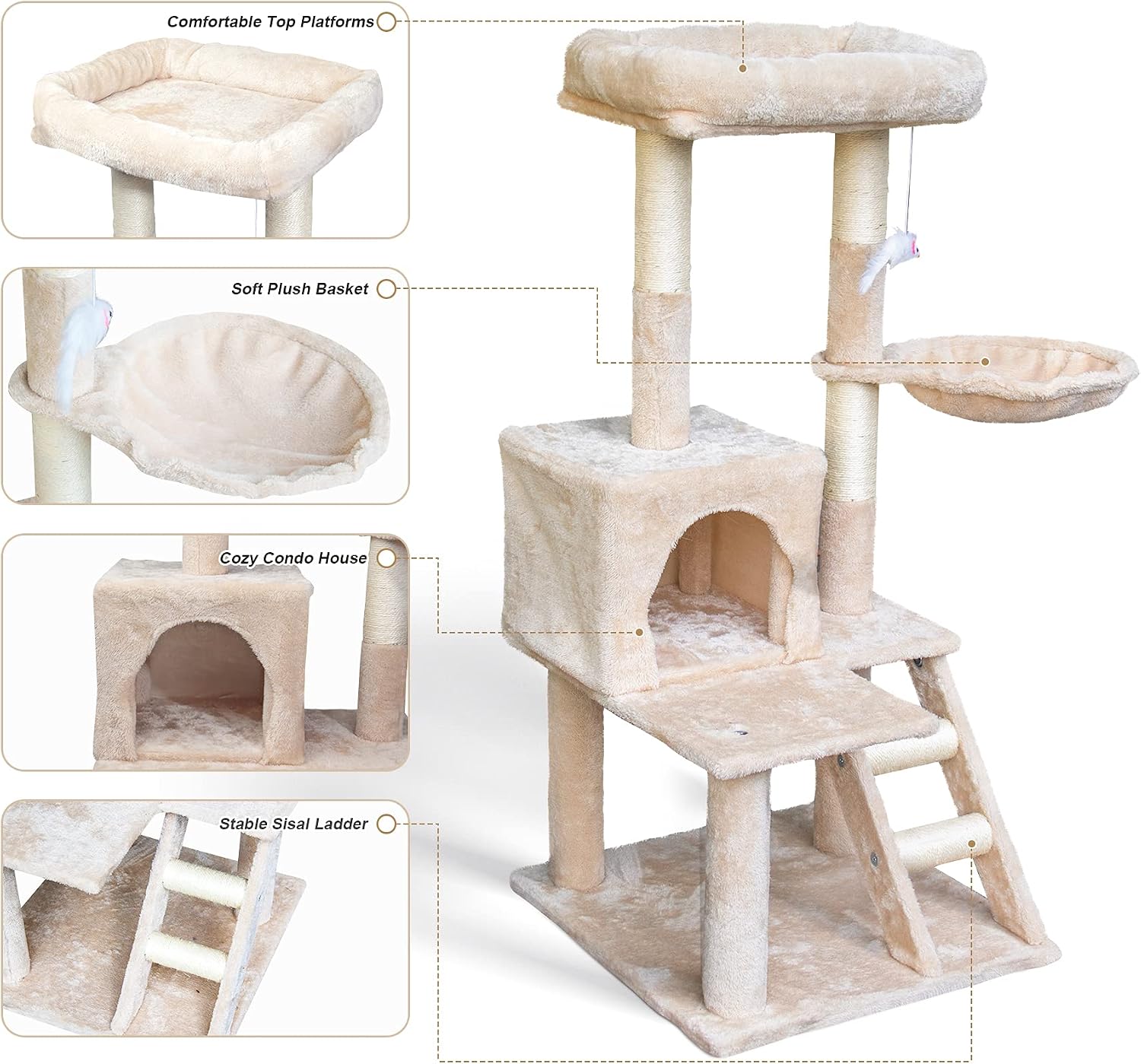 67i Multi-Level Cat Tree Cat Tower with Scratching Posts Cat Condo Cat House 43 Inches Cat Tree with Hammock Tower for Cats Kittens Activity Tower Pet Play House Furniture for Indoor Cats (Beige)