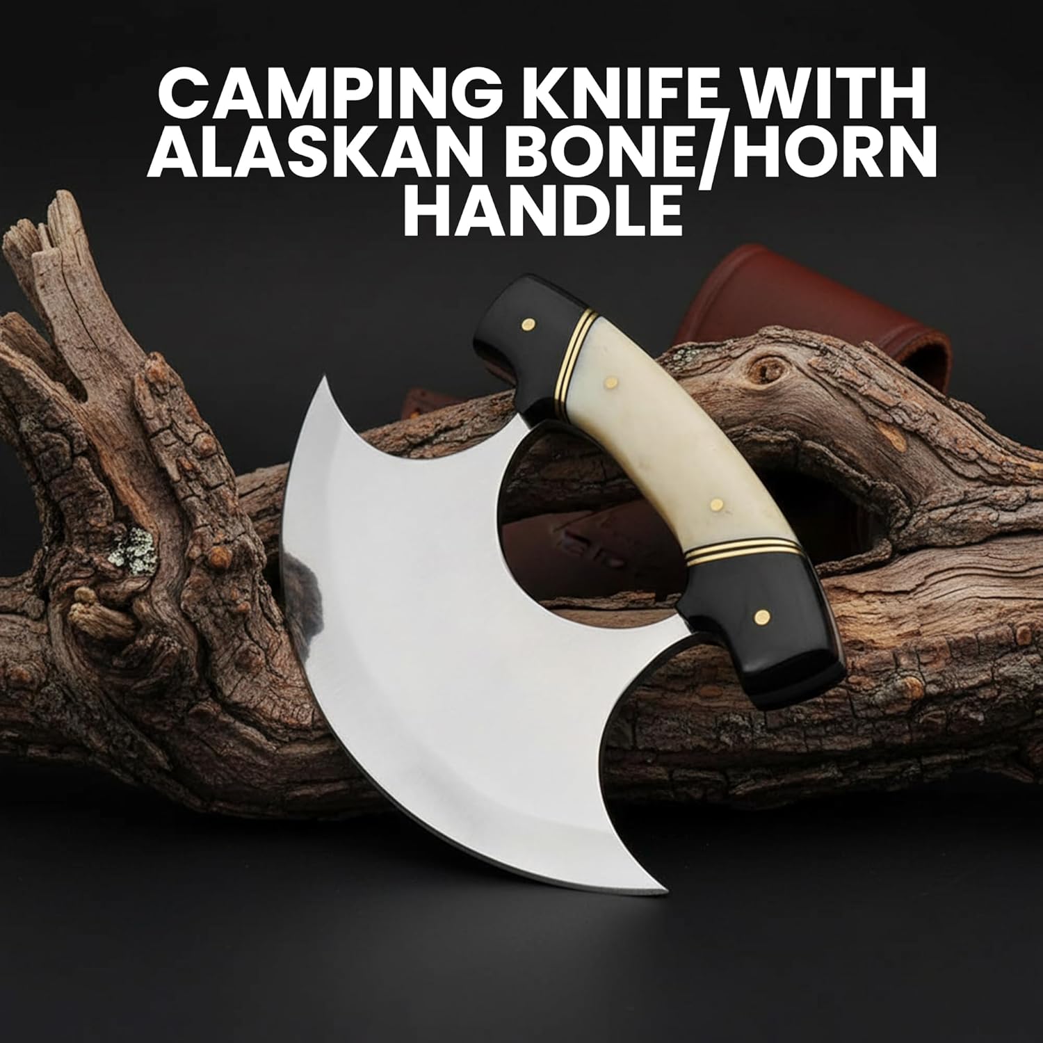 SZCO ULU Hunting Knife 5.5 Inch - Camping Knife with Alaskan Bone/Horn Handle, Stainless Steel Crescent Blade & Sheath - Pocket Knife for Hunting, Camping & Outdoor uses - Knives for Men