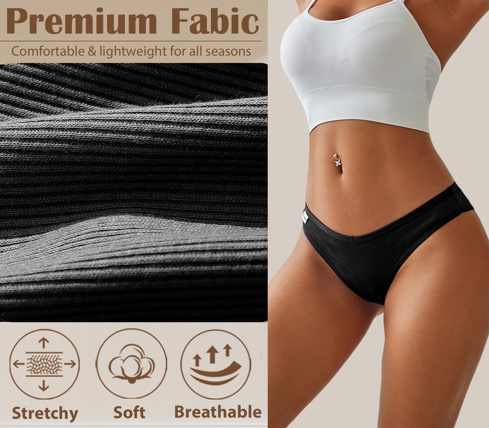 FINETOO Womens Cotton Underwear Sexy Stretch Bikini Panties Low Rise Hipster Ladies Soft V-Waist Cheeky: Small White & Black & Mocha Gray & Brick Yellow & Skin & Khaki