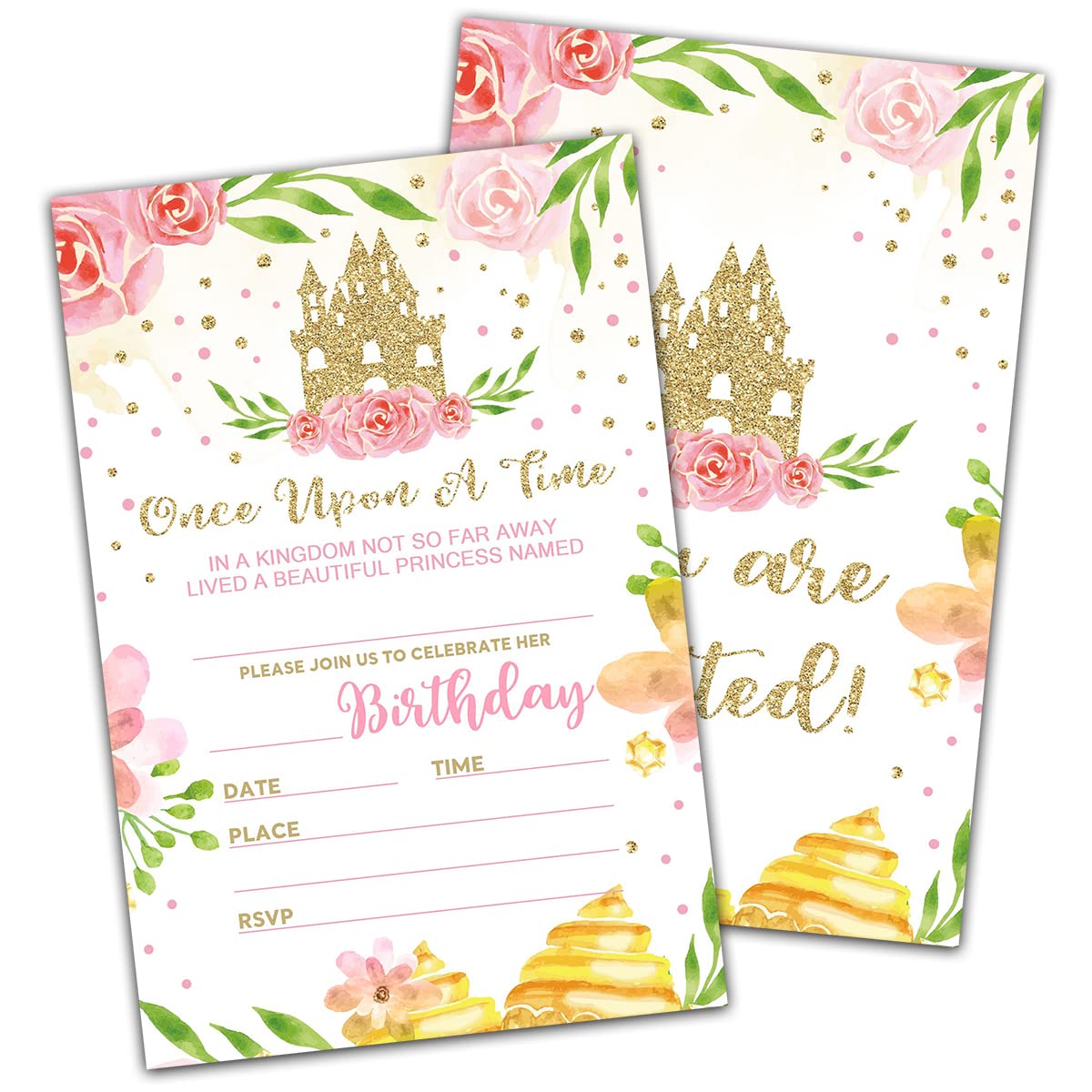 NYCTUG Floral Castle Theme Birthday Invitation(4" X 6"), Fairy Tale Little Princess Party Double-Sided Invites- 20 Invitations With