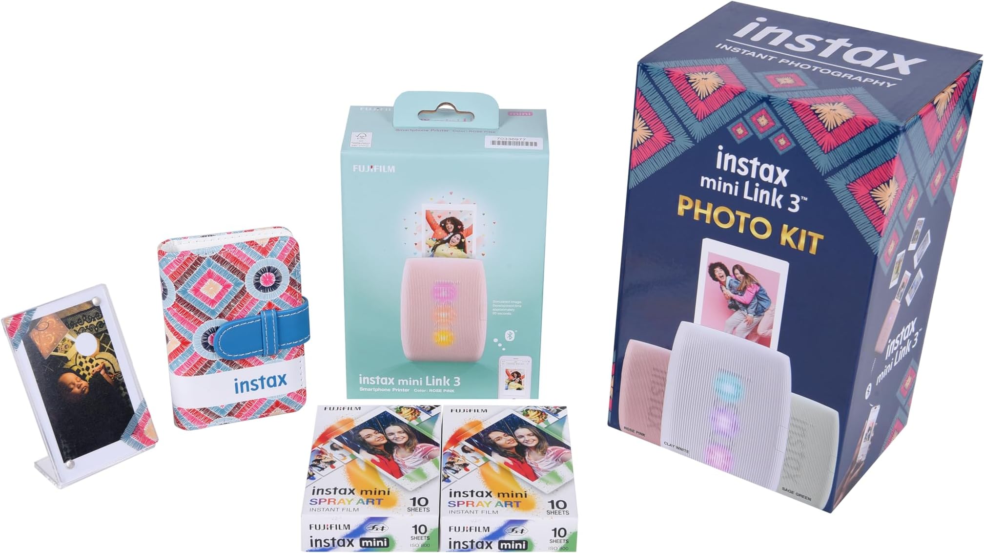 Fujifilm INSTAX Mini Link 3 Smartphone Printer Bundle Gift Box – Pink | Instant Photo Printer with stylish Mini Frame, Handy Photo Album Two Pack film