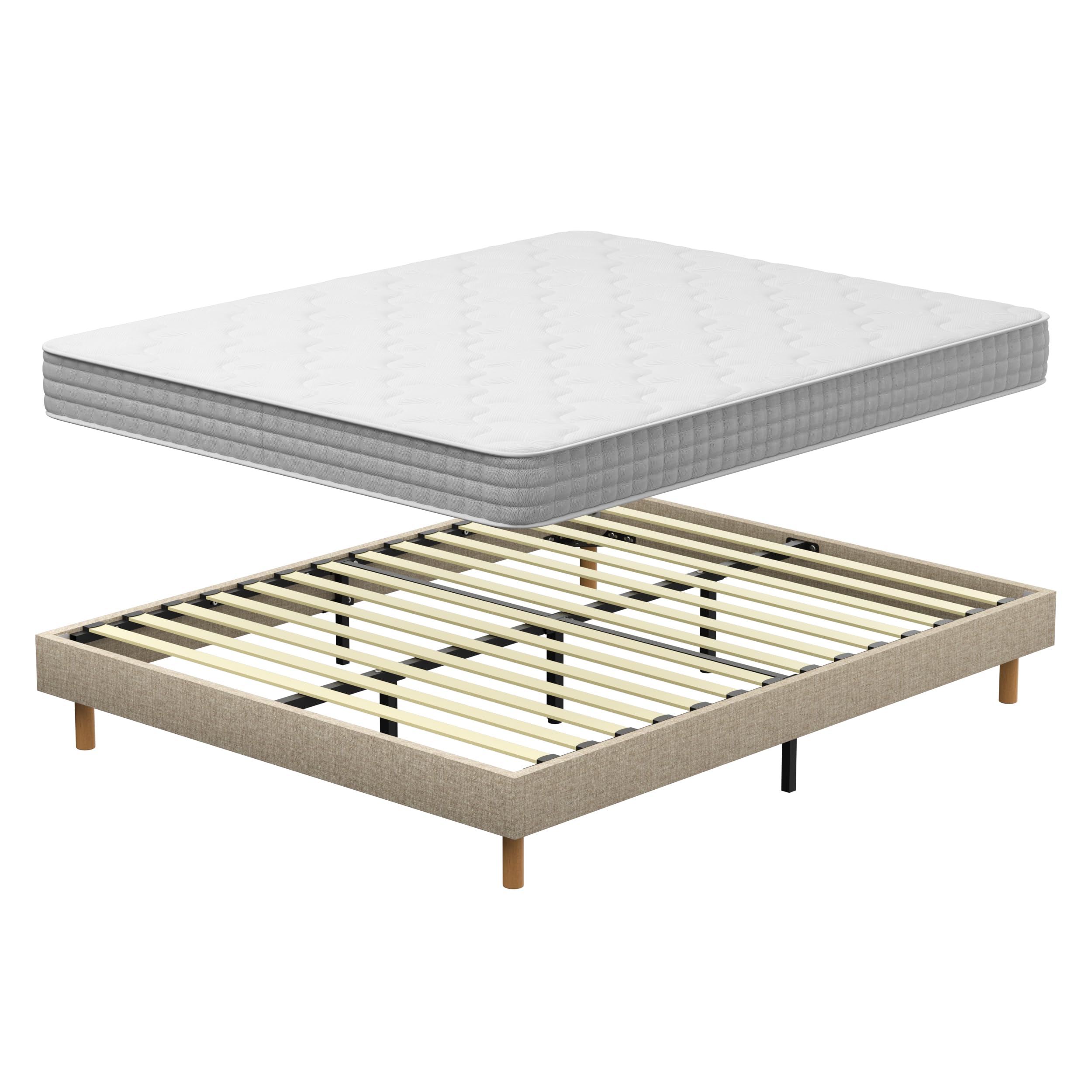 DEWINNER Ensemble Sommier et Matelas 120x190 cm, Lit Une Personne Complet avec Sommier Tapissier et Matelas Ressorts Ensachés 120x190x20, Confort, Respirant (Matelas 120x190x20+Sommier) Beige