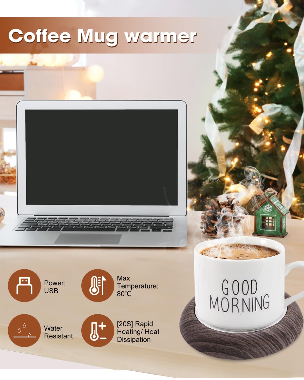 MYMULIKE JRBD-SMW-DE Calentador de tazas de café y té USB 45°C acero aluminio marrón