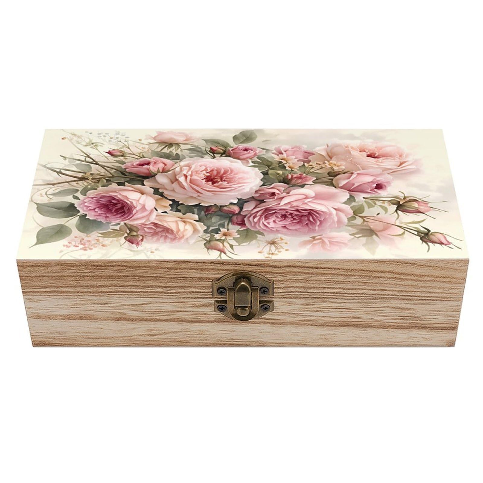 HLBSDM Pink Roses Floral Bouquet Vintage Wooden Keepsake Box with Hinged Lid And Locking Clasp, Decorative Storage Box for Jewelry, Trinkets And Small Accessories, Organizer for Home Or Wedding