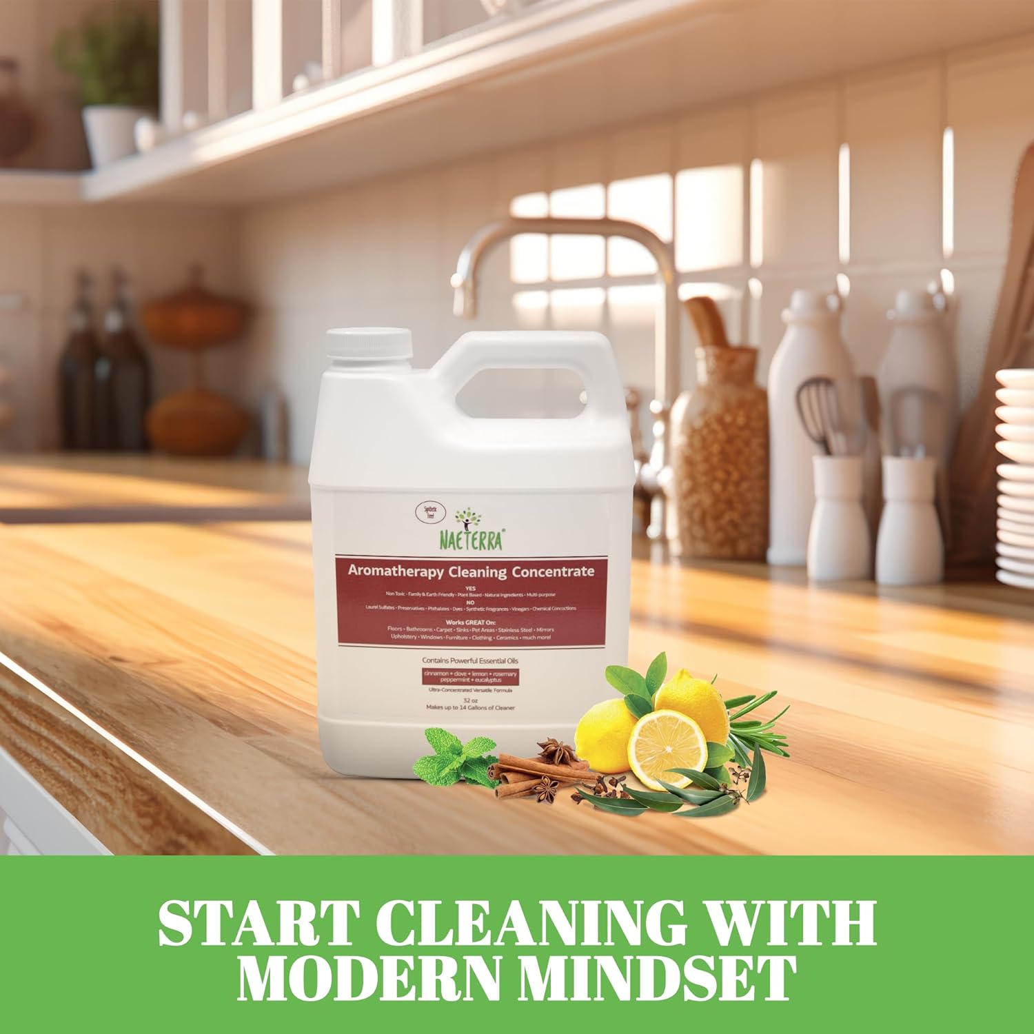 Naeterra Aromatherapy Cleaning Concentrate 32 oz - Natural All Purpose Multi Surface Cleaner - Plant Based Essential Oil Formula for Floors, Glass & Counters - Makes 64 Bottles - Pet Safe & Non Toxic