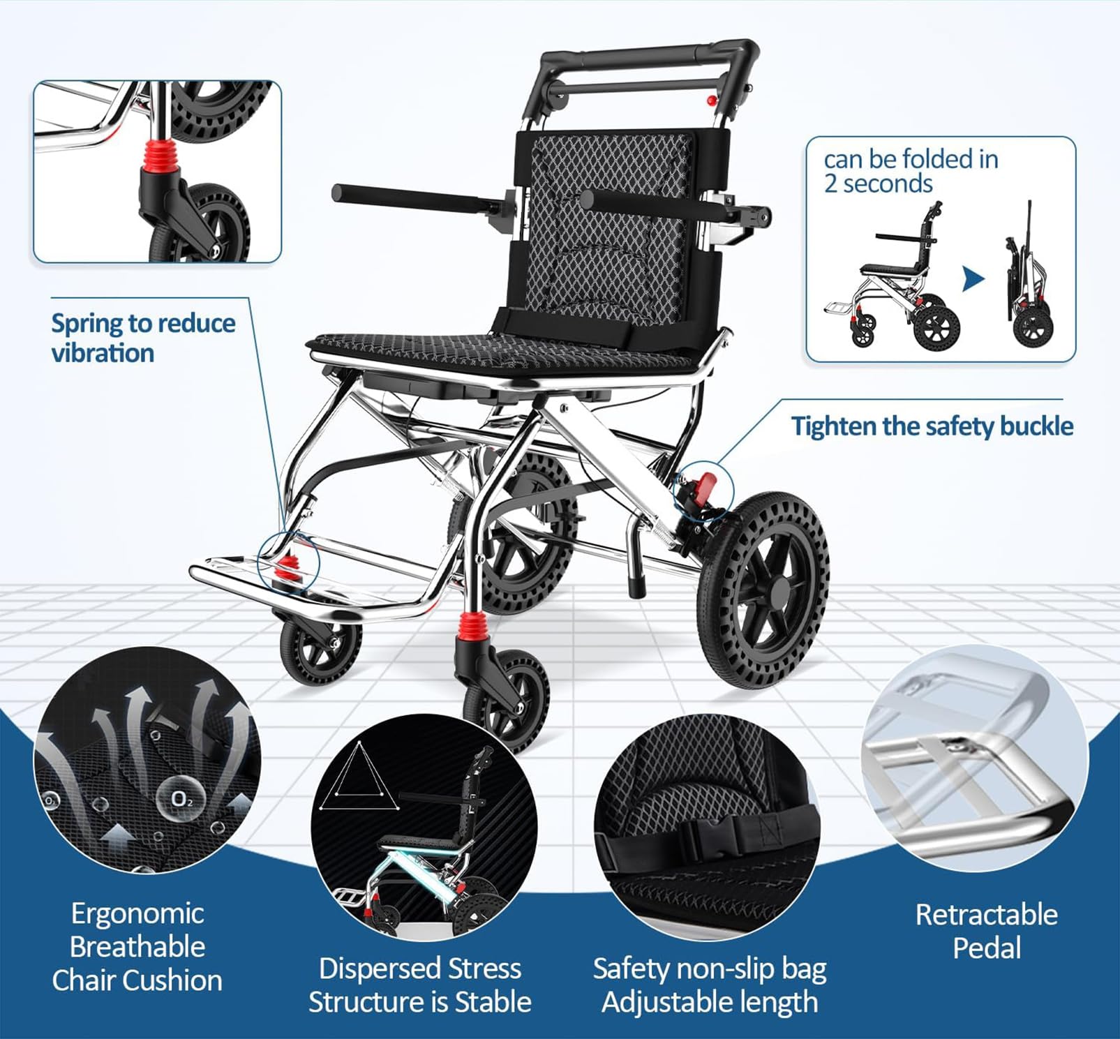 Silla de ruedas plegable súper ligera para adultos, silla de aluminio portátil para embarque, viajes, transporte, silla de ruedas plegable para una fácil movilidad