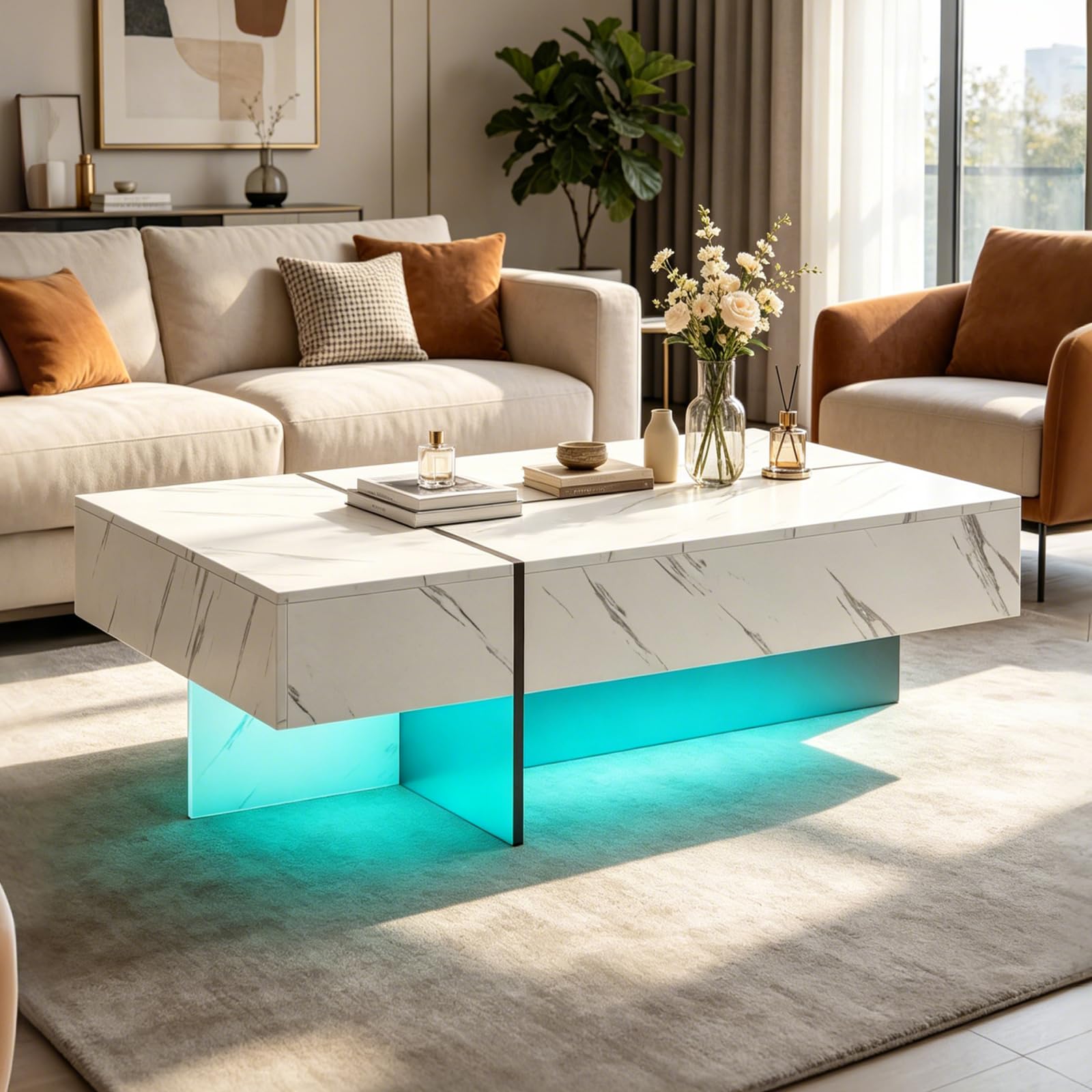 SOARS Mesa de Centro LED, Mesa Auxiliar Brillante con 3 Cajones de Almacenamiento, Iluminación Ajustable y Control Remoto, Mesa de Café Moderna para Salón Sofá, 120 x 70 x 35 cm (Blanco)