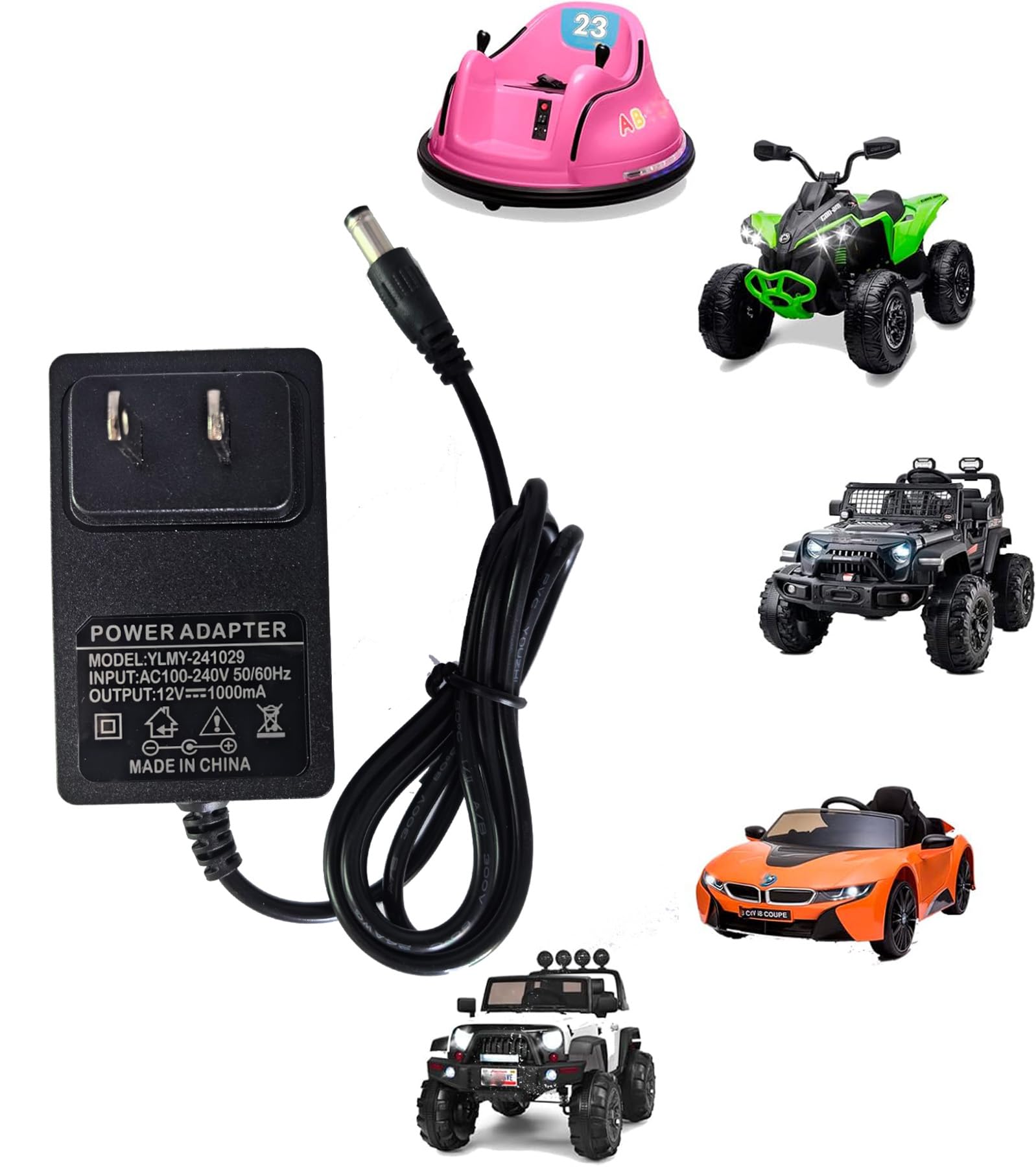 12V 1000mA Charger for Kids Ride On Toys - Universal Charger for Best Choice, Wrangler, Kid Trax, Kidzone Bumper Car, Dynacraft Electric Ride On Cars