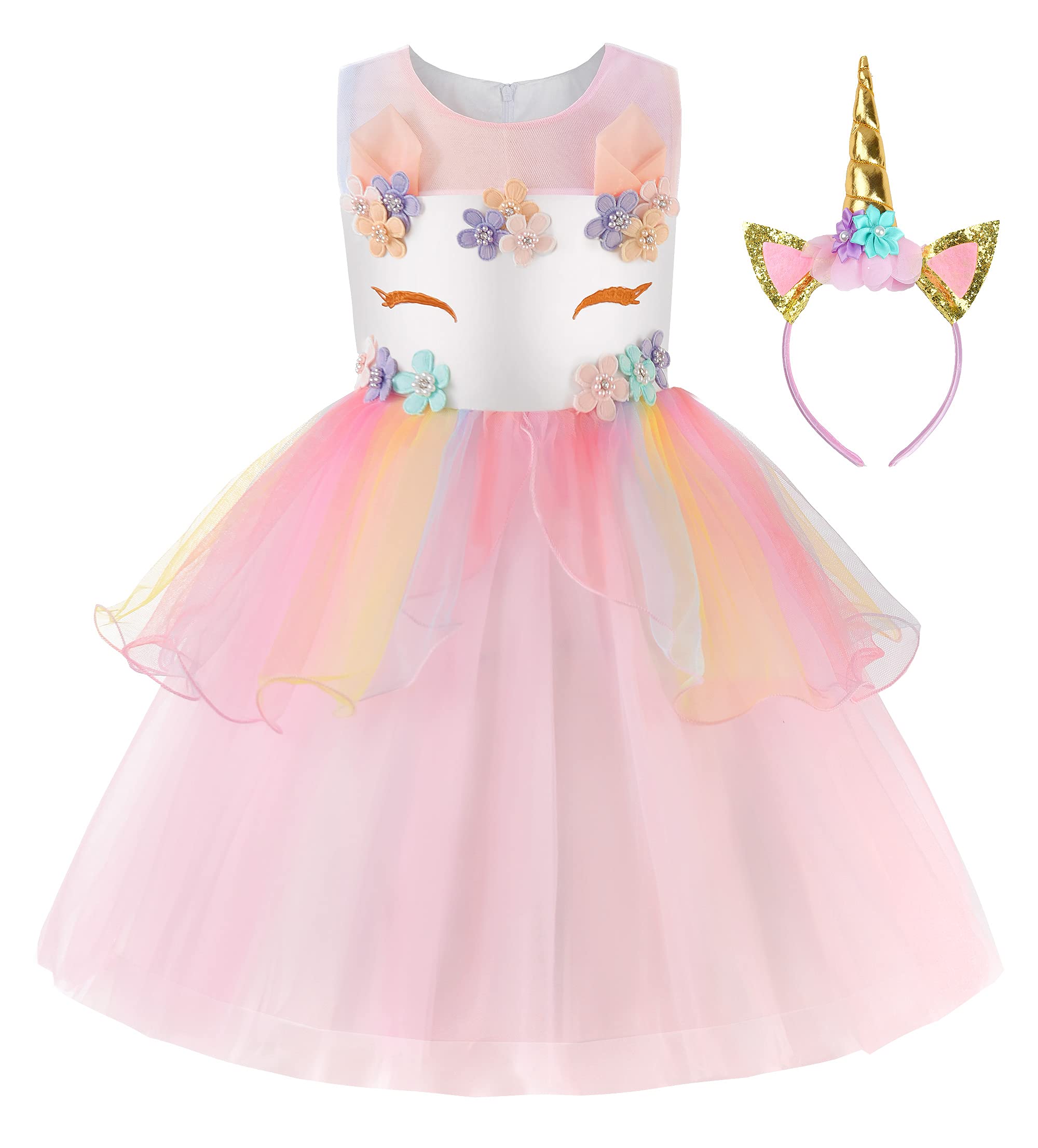 Uplus ME Unicorn Dress for Girls Rainbow Unicorn Costume Toddler Halloween Birthday Princess Dress Up Outfit with Headband