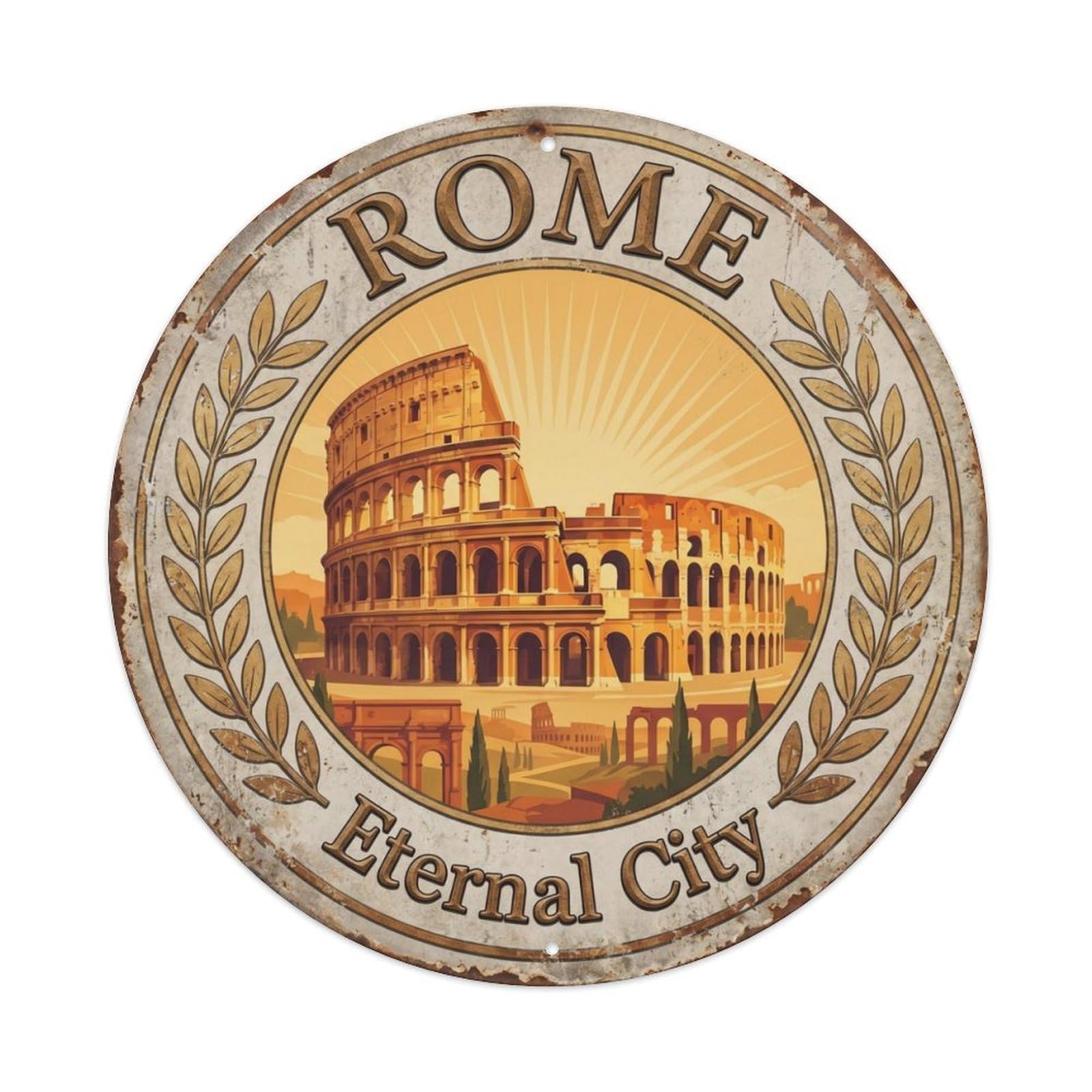 Vintage Travel Rome Italy Colosseum Metal Tin Sign Plaque Wall Decor for Cafe, Club Bar, Office, Home Garden Round Metal Poster 8x8Inch