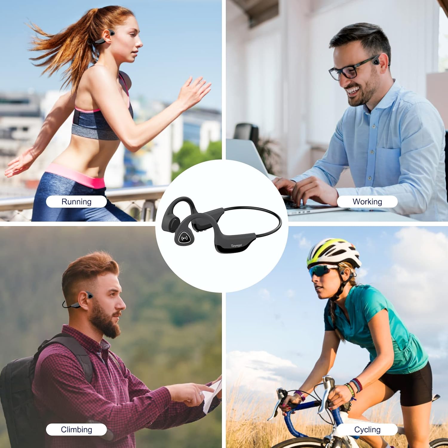 Collage of people using Tayogo S2 headphones during running, working, climbing, and cycling, highlighting versatile use.