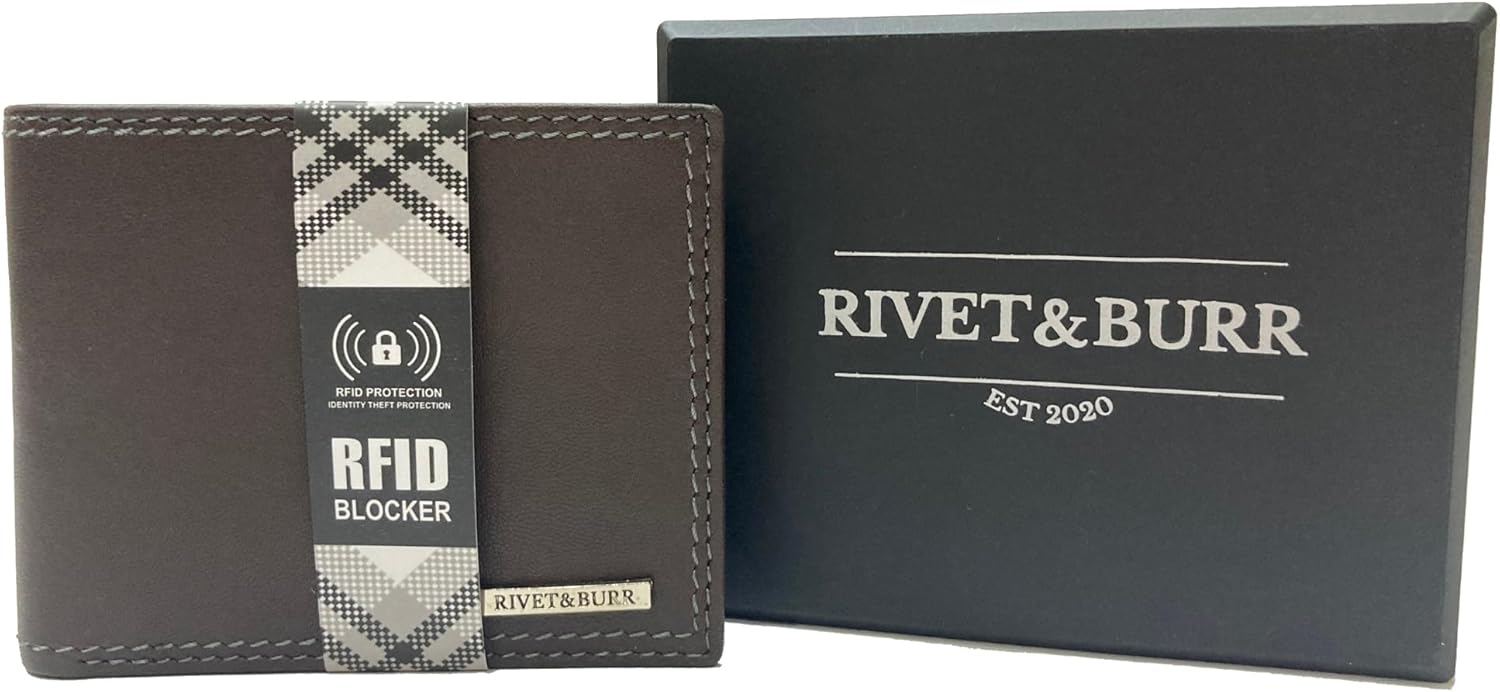 RIVET & BURR Genuine Leather Bifold Wallet for Men with RFID Blocking – Double-Stitched Slim Wallet Gift Set with Keychain, Vanity Tray & Gift Box (Brown) - Image 7