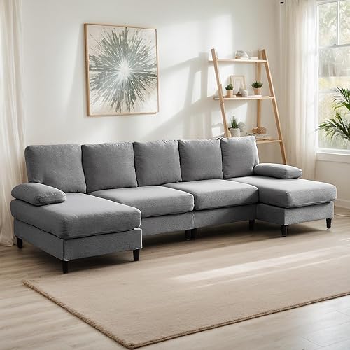 PUREMIND 112" U-Shaped Sofa, Upholstered Sectional Couch with Double Chaises and Sleepable Armrests, Modern Linen 4-Seat Couches, Large U Shape Sectional Sofa Couch for Living Room