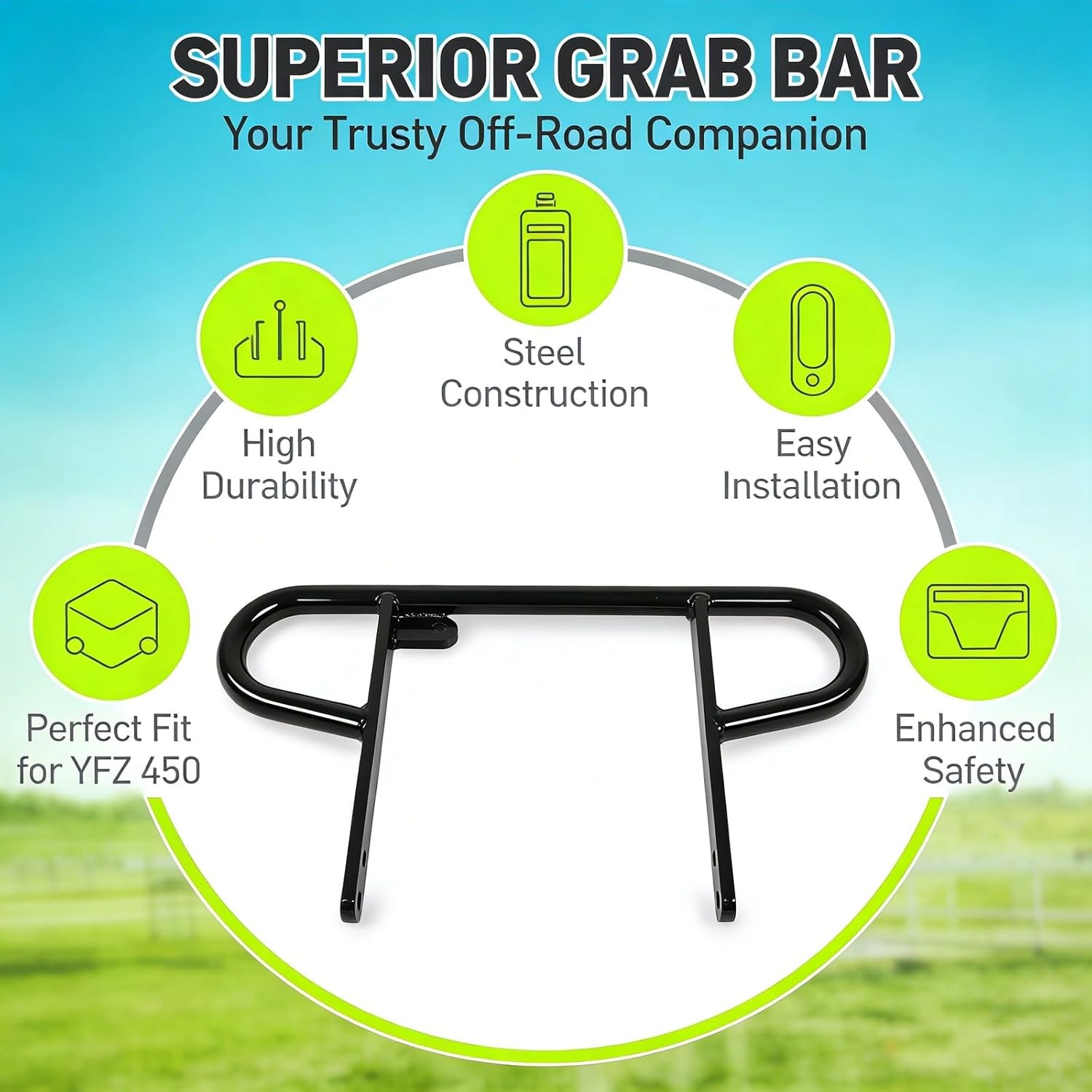 ATV Rear Wide Grab Bar, Grab Bar Bumper, Glossy Black Powder Coated - Strong Balance, Comfortable Grasp, Fit for YFZ 450 ATV