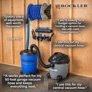 Rockler Shop Vacuum Hose Reel - Holds 40' of 1-1/2'' Vacuum Hose Extension Reel w/Steel Frame - Adjustable Tension Knob, Wall Mount Vacuum Hose Reel - Easy Installation Dust Collector Accessories