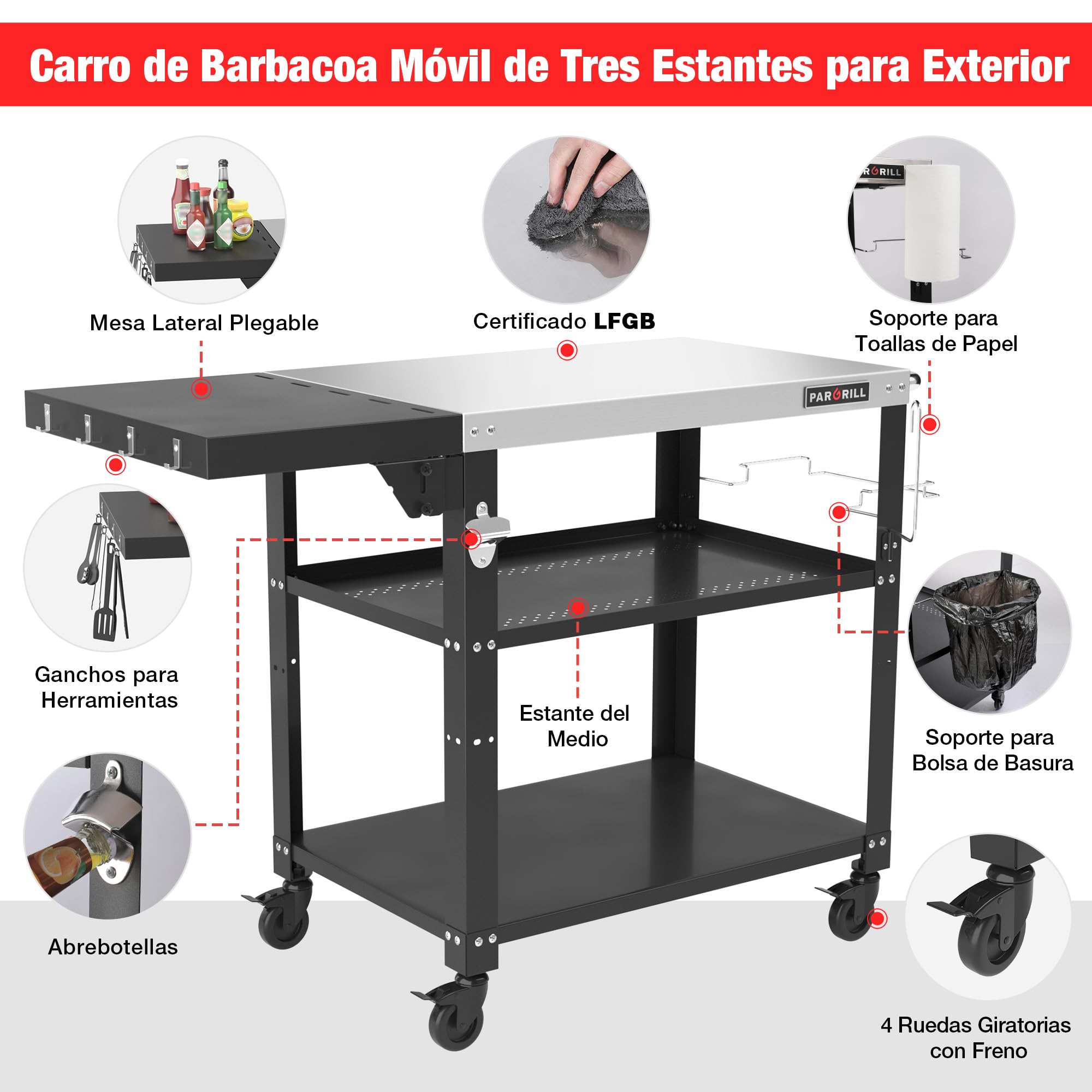 PARGRILL Carro de Barbacoa de Acero Inoxidable LFGB con 3 Niveles, Carrito de Comedor con Mesa Lateral Plegable, Ruedas de 360° con Freno, Capacidad de 88 kg, Ideal para Cocinas, Barbacoas, Fiestas