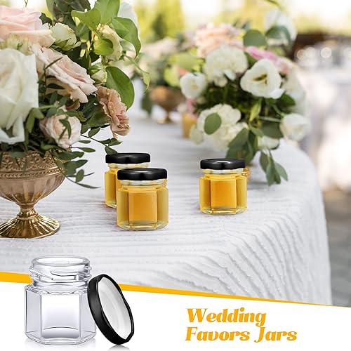 Miniatura 6 de Nuogo Paquete de 100 mini tarros hexagonales de vidrio de 1.5 onzas a granel para bodas, pequeños frascos de miel con tapas para enlatado de