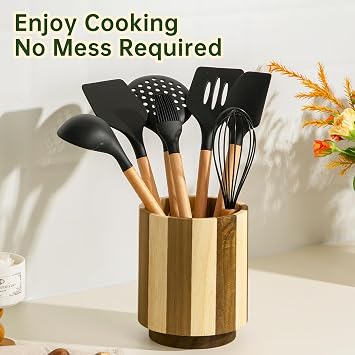 Wooden Utensil Holder, 360° Rotating Acacia Wood Kitchen Utensil Holder for Countertop, 7.2 Non-Slip Large Utensil Holder for Kitchen, Farmhouse Countertop Decor, Spatula Holders, Stripes