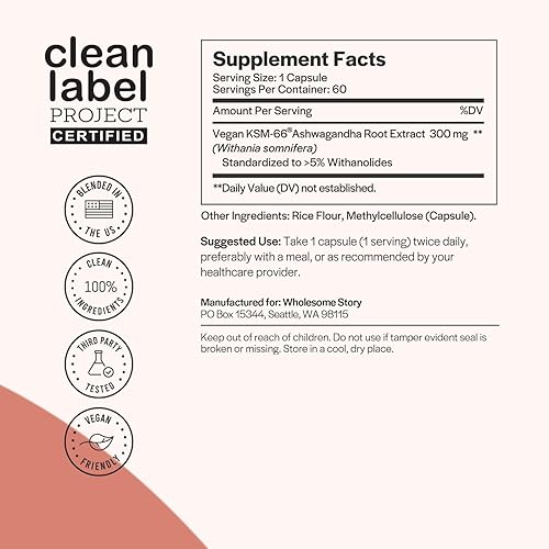 Miniatura 2 de Cápsulas veganas KSM 66 Ashwagandha  Withanólidos de alta potencia al 5%  Suplementos de extracto de raíz de ashwagandha  Ashwagandha 300 mg  Manejo