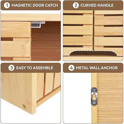 Miniatura 4 de HYNAWIN Bathroom Wall Mounted Bamboo Storage Cabinet with Double Doors, 2-Tier Adjustable Shelf, Over Toilet Organizer for Bathroom, Kitchen,