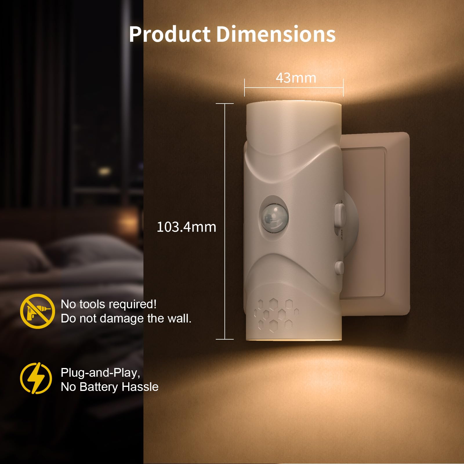 Luz Nocturna LED de Enchufe con Sensor de Movimiento, Lampara Noche Niños 40LM Regulable Continua, Doble Iluminación Arriba Abajo 3 Modos, 3000K Blanco Cálido para Pasillo Escaleras (4)
