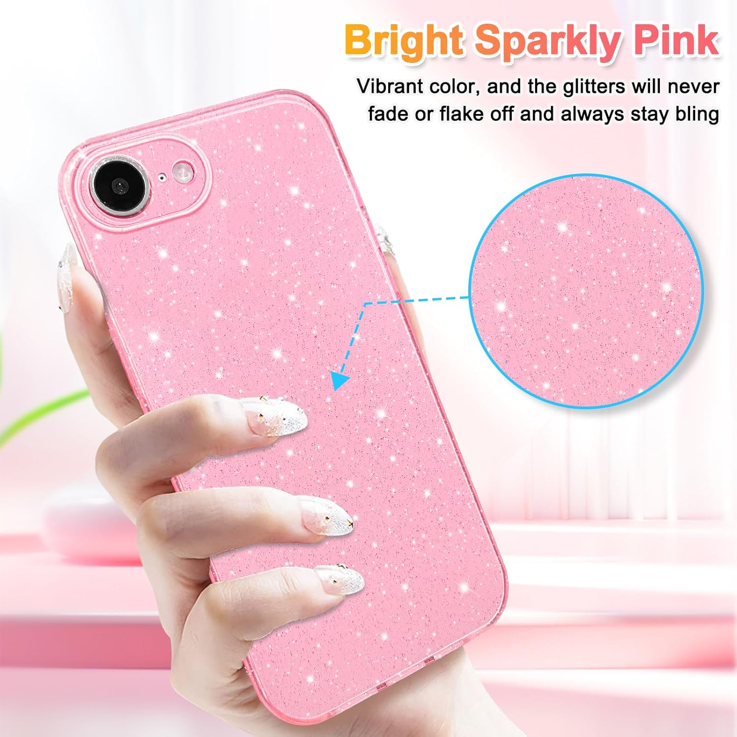 Hython Case for iPhone 16e Case Glitter Cute Sparkly Shiny Bling Sparkle Phone Cases 6.1", Thin Slim Fit Soft TPU Bumper Shockproof Rubber Protective Cover for Women Girls Girly, Bright Pink - Image 2