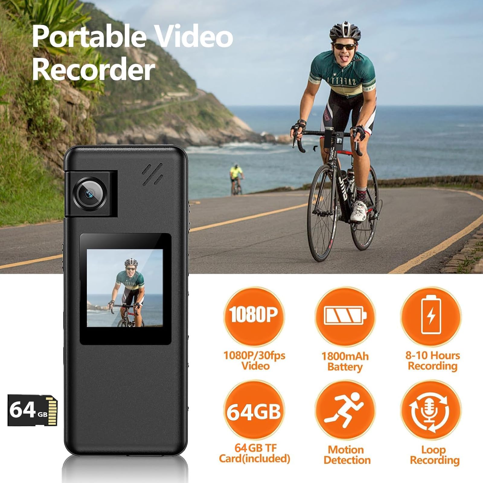 Caméra Corporelle A32 64Go, Appareil Photo Portable avec Objectif Rotatif à 180° et Détection de Mouvement, Caméscope 1080p avec Enregistrement Audio Vidéo pour Sports de Plein air, Police