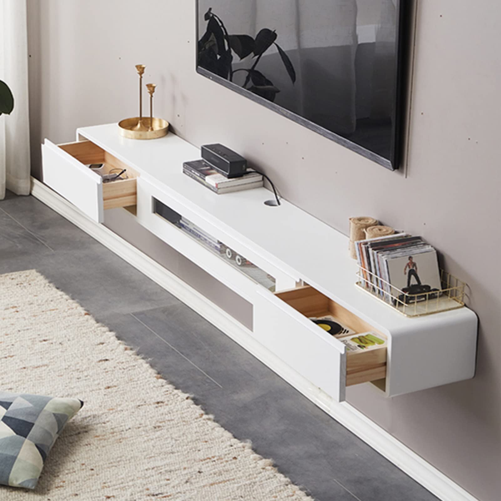 Consola de TV flotante montada en la pared, estante de entretenimiento con cajones y almacenamiento para sala de estar, soporte de pared para TV para dormitorio y sala de medios, diseño moderno (140 x
