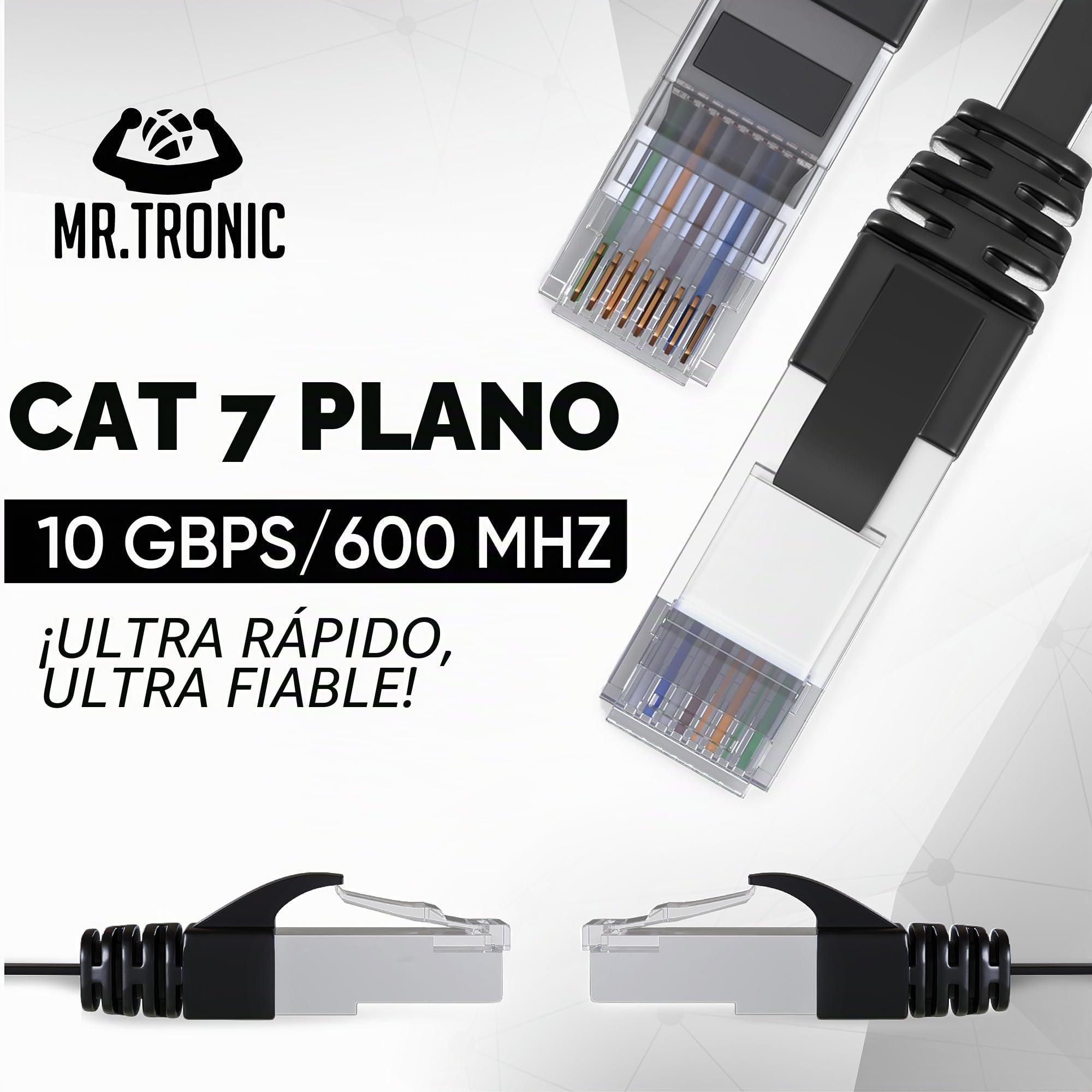 Mr. Tronic Flat Cable Ethernet Cat 7 De 20m, Cable de Red Plano LAN con Conectores RJ45 para Internet Rápida & Fiable - Cat7 con Conexión | 10 Gbps Internet SFTP (20 Metros, Negro)
