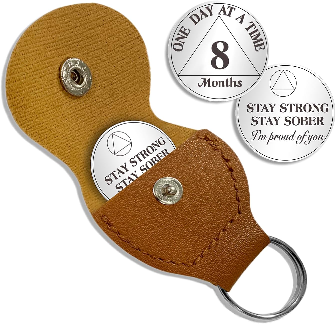 8 Month Sobriety Coin One Day at a Time AA Chips and Medallions with PU Leather Keychain Sobriety Gifts for Celebrating Alcoholics Anonymous Recovery