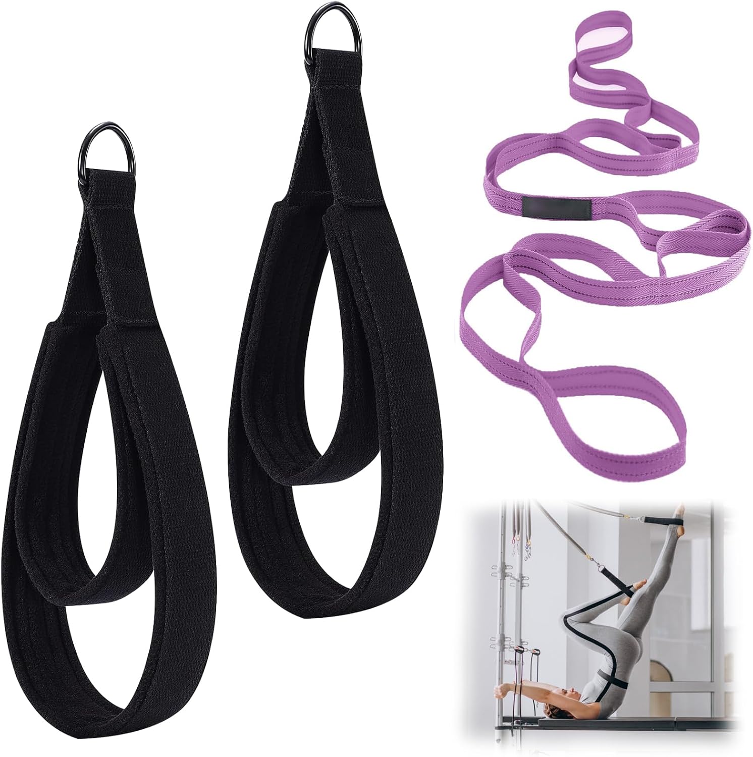 Pilates Straps for Reformer, Fitness D-Ring Double Loop Exercise with 10-Loop Sports Yoga Stretch Band, Double Loop Straps for Yoga, Pilates, Dance, Flexibility & Exercise