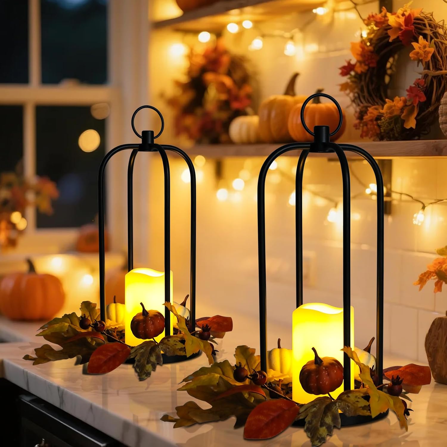 Outdoor Thanksgiving Decor 2 Packs, Fall Decorations Lantern15 Waterproof Decorative Lantern Indoor Decor Metal Hanging Candle Holder LED Flameless Candle Lantern for Patio, Porch