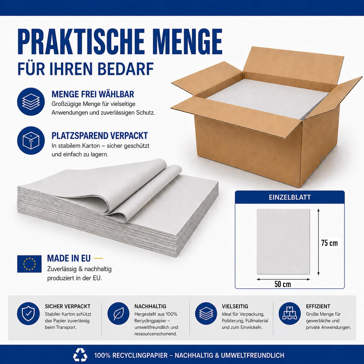 Packseide Packpapier Einschlagpapier 10kg 50x75cm 28g/m² Umzug Geschirr - nachhaltiges Knüllpapier Stopfpapier Verpackungsmaterial Einwickeln - 10 kg