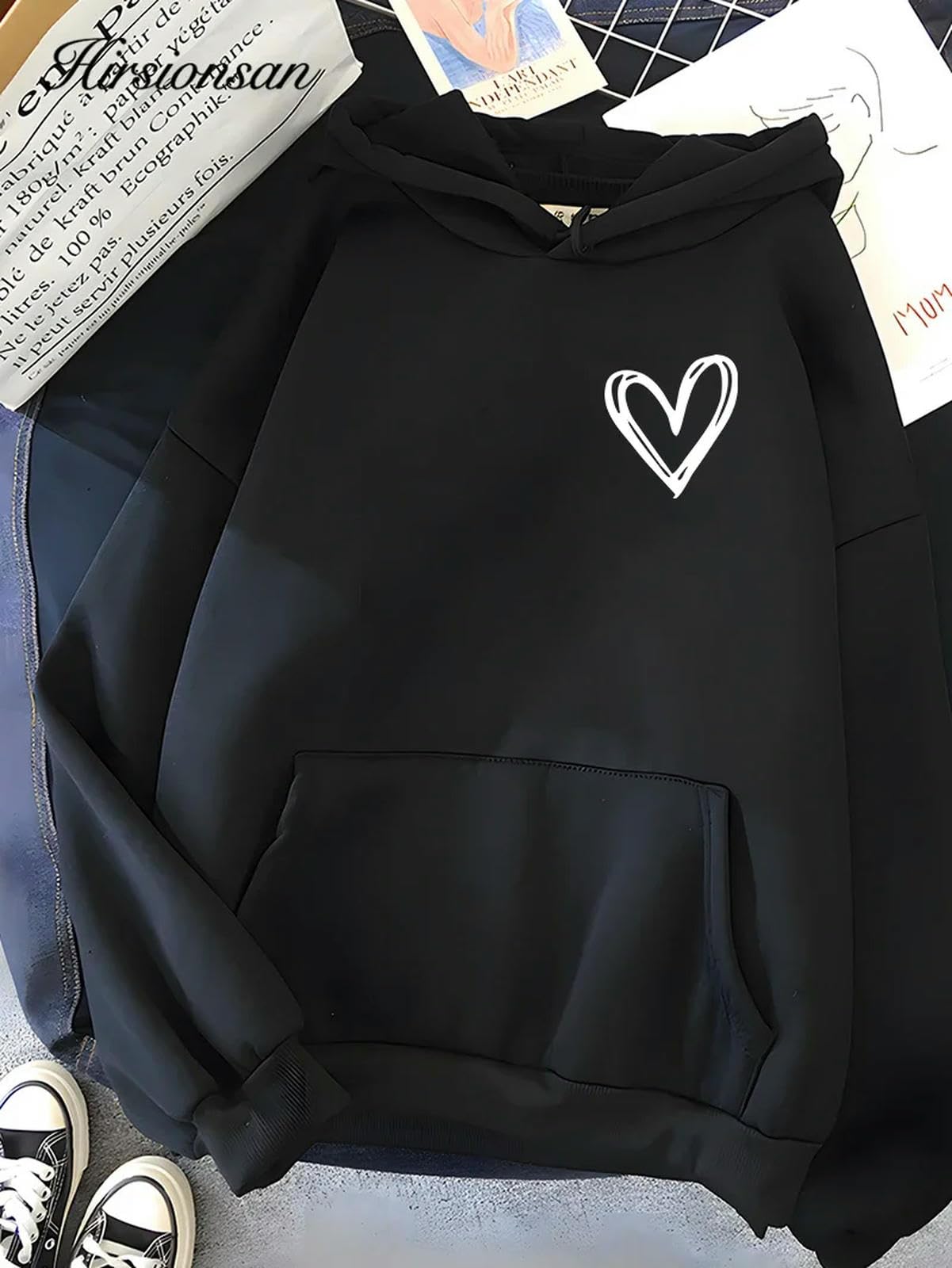 bluzy z kapturem proste serce nadruk damska bluza miękka na co dzień luźna damska bluza z kapturem zimowe ciepłe topy studenckie-czarne-L