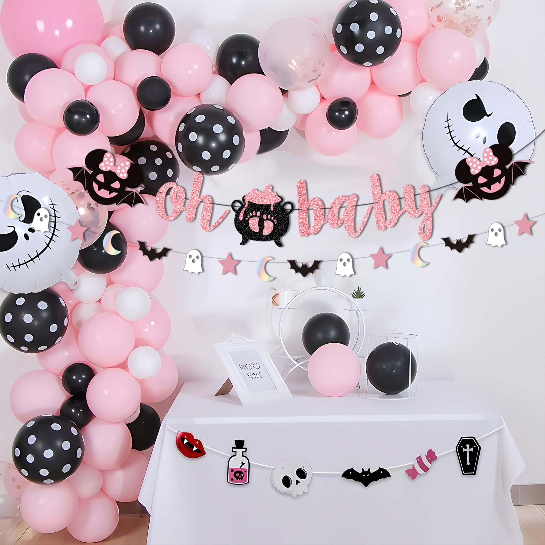 Halloween „Oh Baby“-Banner & Geister-Girlande – Pink-schwarz Mit Glitzer – Für Babypartys, Geburtstage & Grusel-Deko
