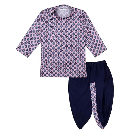 Baby Boys Digital Print Cotton Kurta With Solid Rayon Dhoti Dress