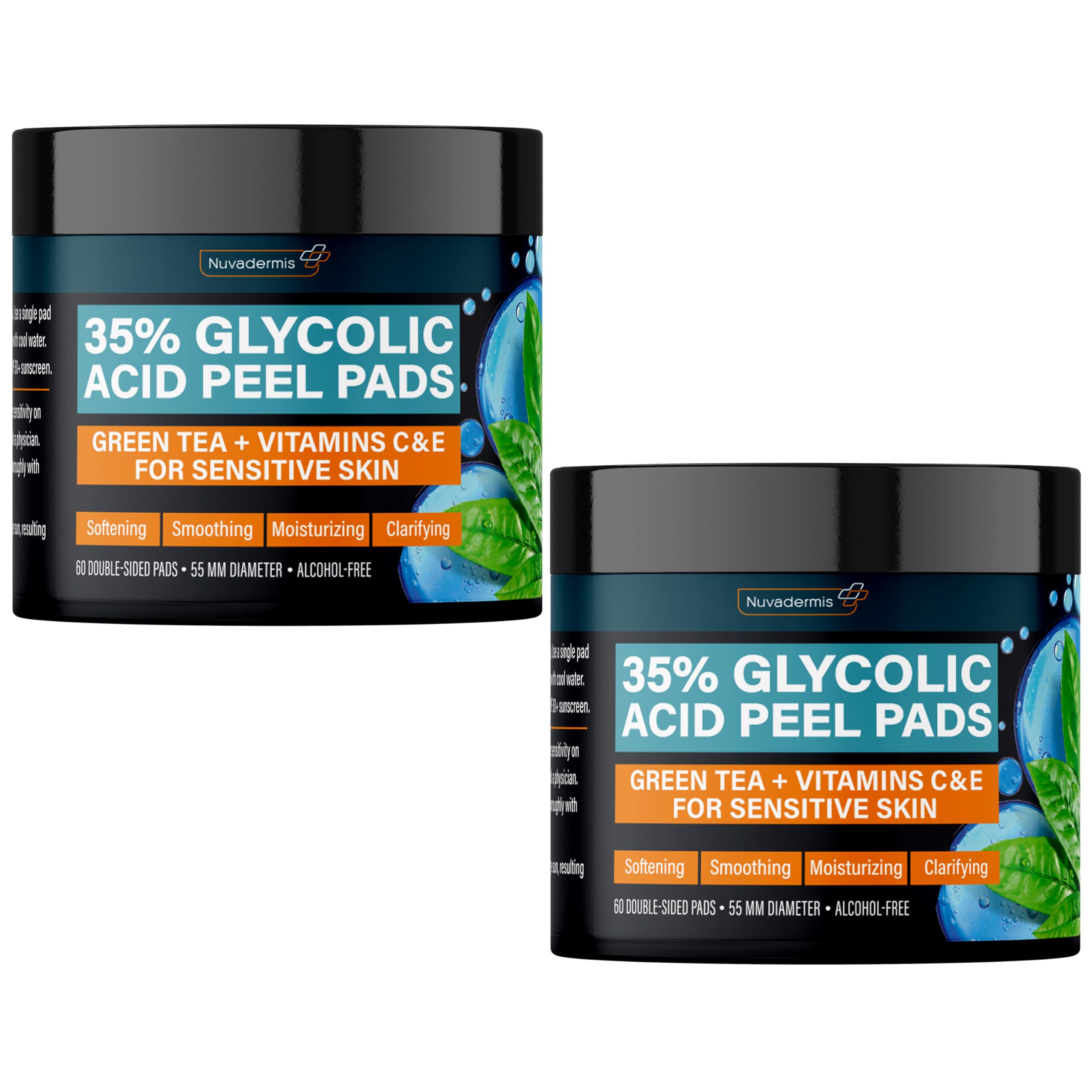 nuvadermis 35% glycolic acid peel pads â€“ exfoliating facial resurfacing for blackheads, dark spots, and acne â€“ safe for sensitive skin â€“ 60 double-sided pads - 2 pack