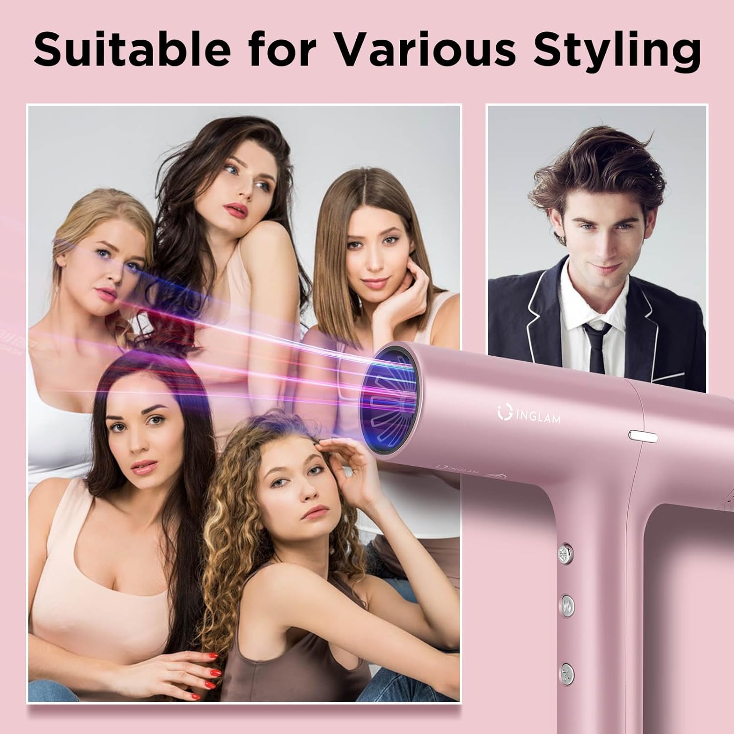 IG INGLAM Hair Dryer with Diffuser for Women, 1300W Ionic Blow Dryer with LCD Display, 3 Temps & 3 Speeds High-Speed Travel Hair Dryer with One Button Cool Air, Slim&Lightwight, Store Bag, Rose Pink