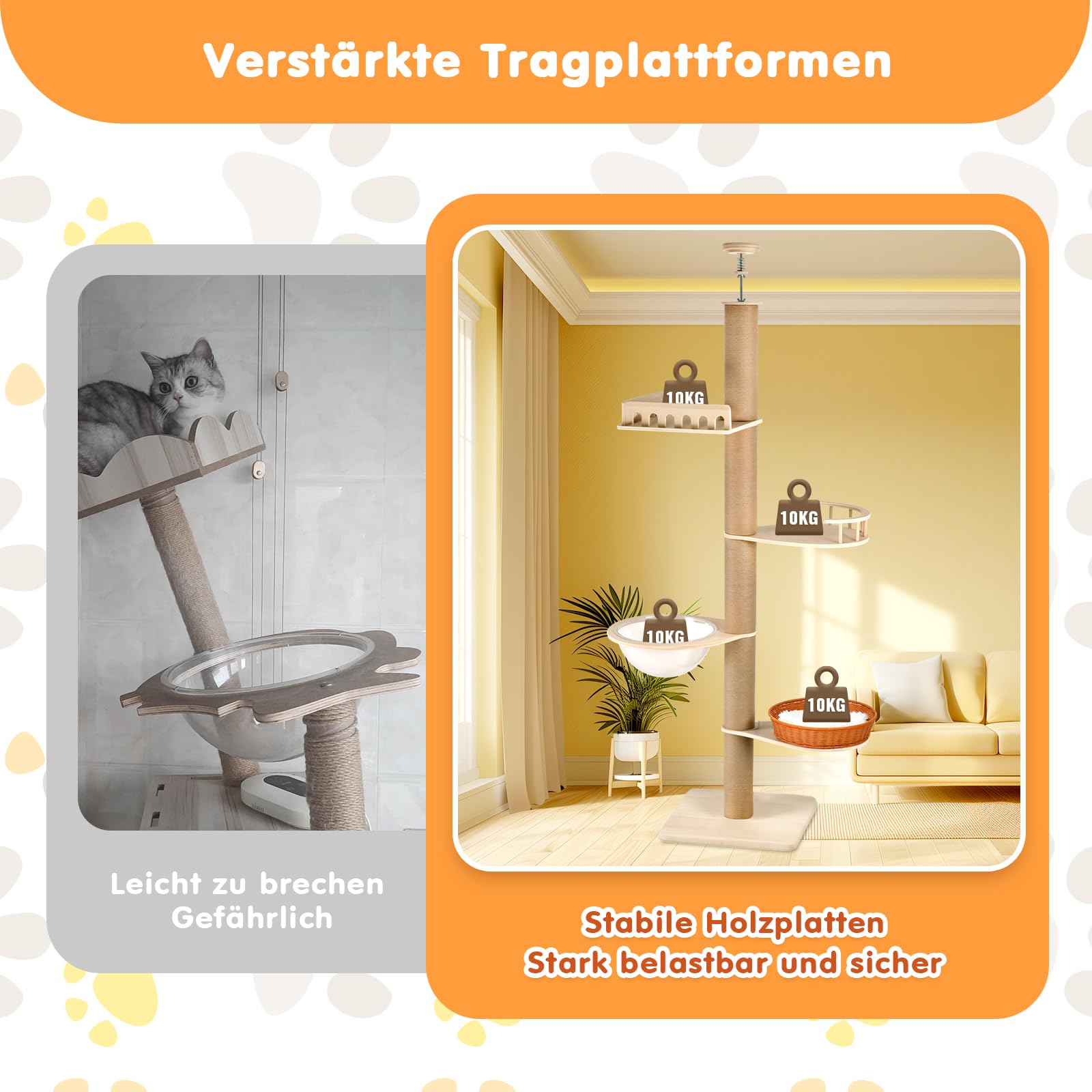 Kratzbaum deckenhoch 255-270cm, höhenverstellbarer 5 Etagen Katzenbaum mit Geländer, Raumkapsel, Rattankorb & Sisal Kratzsäulen, Stabiler Katzenturm