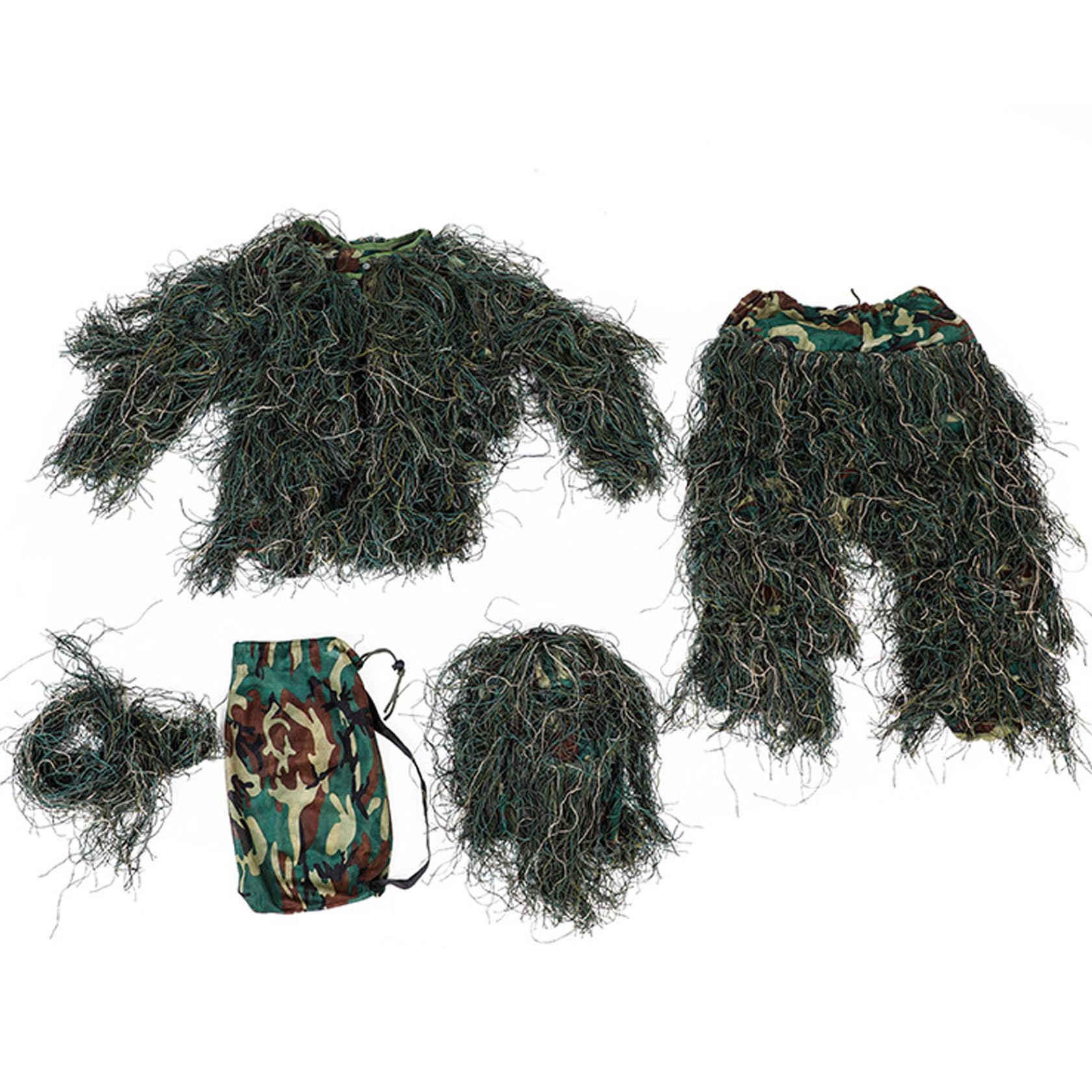 Ghillie Suit per bambini Altezza 51, 18-59, 06 pollici, tuta mimetica 3D traspirante 5 in 1, abbigliamento da caccia con giacca, pantaloni, cappuccio, borsa per il trasporto, giocattoli, giochi.