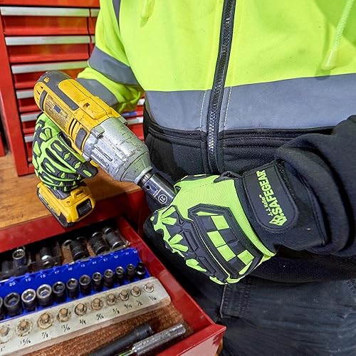 Miniatura 5 de Guantes mecánicos reductores de impactos, EN388 y ANSI A1 resistentes a cortes, negro y verde lima, SAFEGEAR