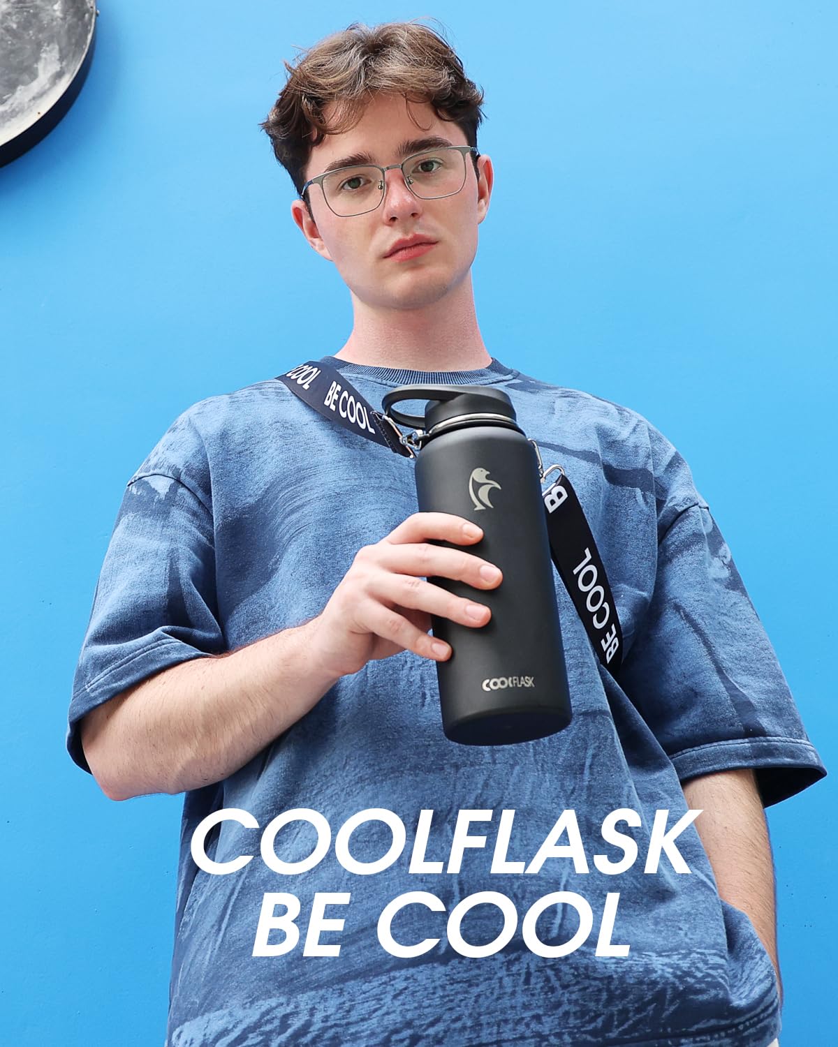 Coolflask - Borraccia da 1,1 l con cinghia, borraccia in metallo isolata con coperchi con cannuccia e beccuccio, acciaio inossidabile a doppia parete sotto vuoto, mantiene la bevanda fredda per 48 ore