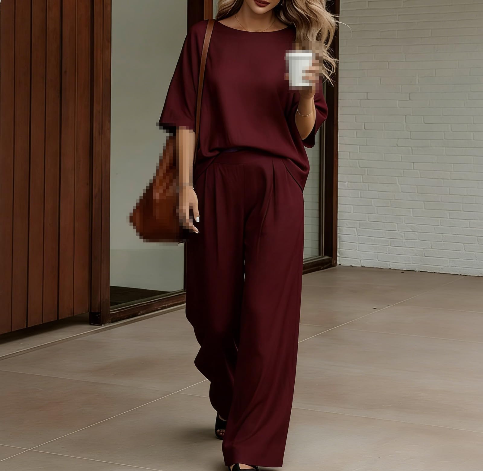 Generisch Women 's Summer Linen Set Solid Color Two Piece Loungewear mit Rundhalsausschnitt Flared Sleeve Top und Wide Leg Pants.
