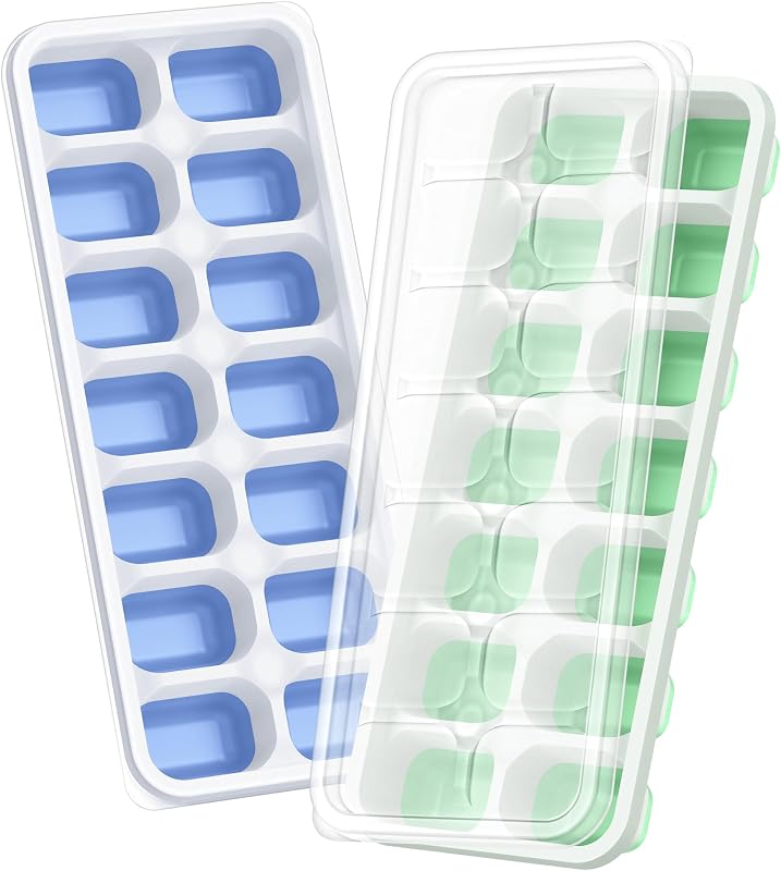 Ice Cube Tray with Lid, 2 Packs 28 Cubes Durable Stackable Ice Cube Trays for Freezer with Removable Lids, Easy-Release Plastic & Silicone Ice Tray for Cocktail, Coffee