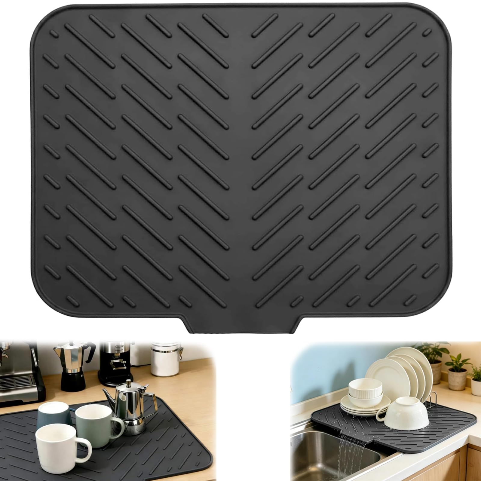 Silicone Dish Drying Mat 12 x 16 Inch Black Non-Slip Sink Drainer Mat with Drain Lip, Heat Resistant Kitchen Counter Mat Draining Board Mats for Dishes,Pots