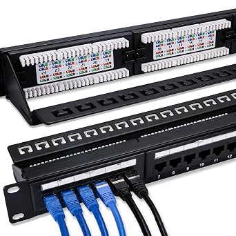 6COMGIGA 24 RJ45 Port Cat6 Patch Panel with Removable Back Bar,Support 110 & Krone Terminations,1U 19 Inch Network Patch Panel for Cat6, Cat5e, Cat5 Cabling