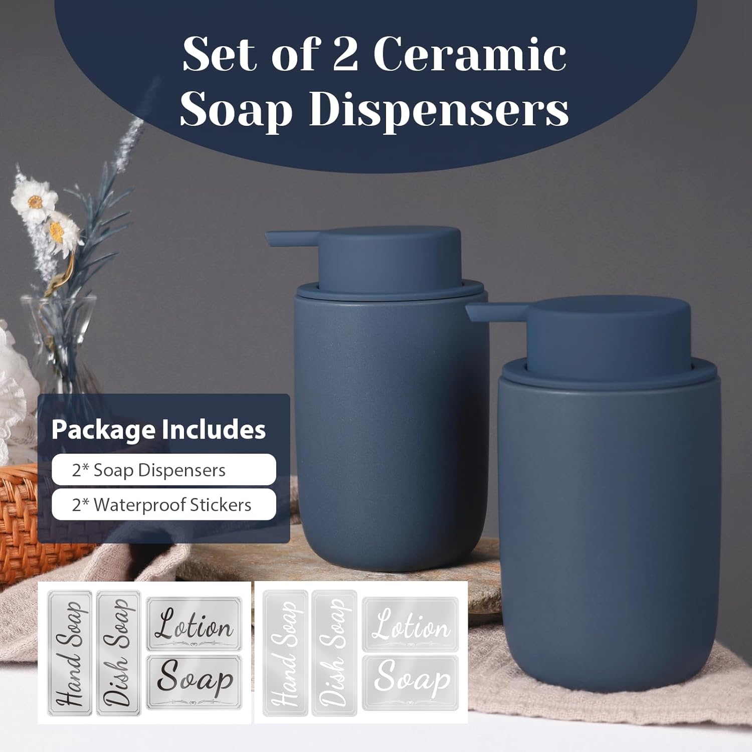 INGOFIN Ceramic Foaming Soap Dispenser Set, 2 Pack (12 oz) Bathroom Foam Hand Soap Dispenser with Pump, Hand and Dish Dispenser Set with 8 Pcs Clear Stickers,for Kitchen- Matte Blue - Image 2