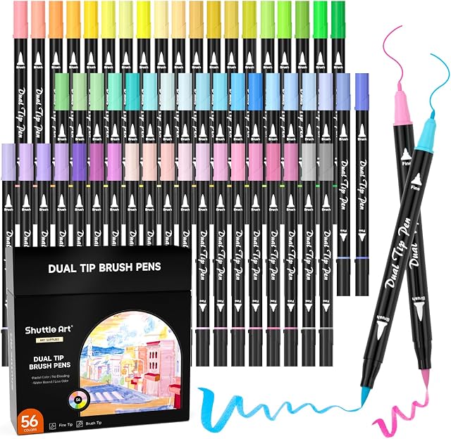 Shuttle Art Pastel Stylos à brosser, 56 Stylos de coloration pastel, marqueurs de pinceau à double pointe avec pointe fineliner, stylos à pointe de dessin pour adultes de coloriage, dessin calligraphique et journal