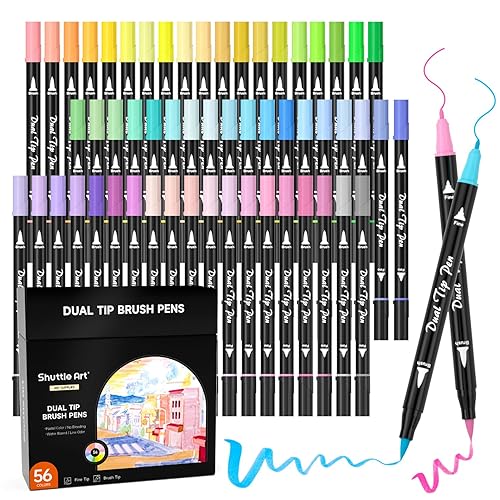 Shuttle Art 56 Pastel Colors Dual Brush Pen Art Markers, Fine and Brush Tip Markers, Water-based Ink Perfect for Kids Adult Artist Coloring Books Calligraphy Hand Lettering Journal Doodling Writing - 56 Pastel Colors