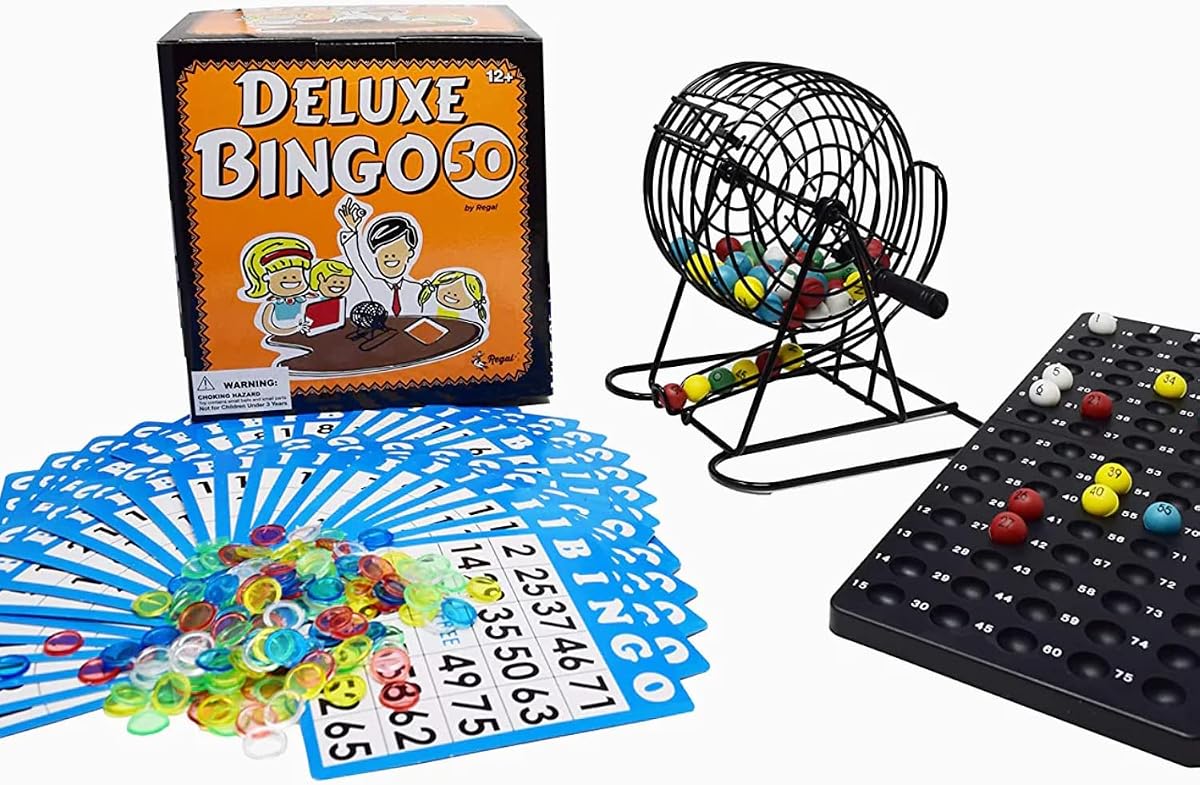 Regal Bingo Deluxe Game Set for Adults and Kids - Includes 8 Inch Wheel Cage, 75 Balls, Master Board, 50 Cards and Colorful Chips - Fun Family Game Night